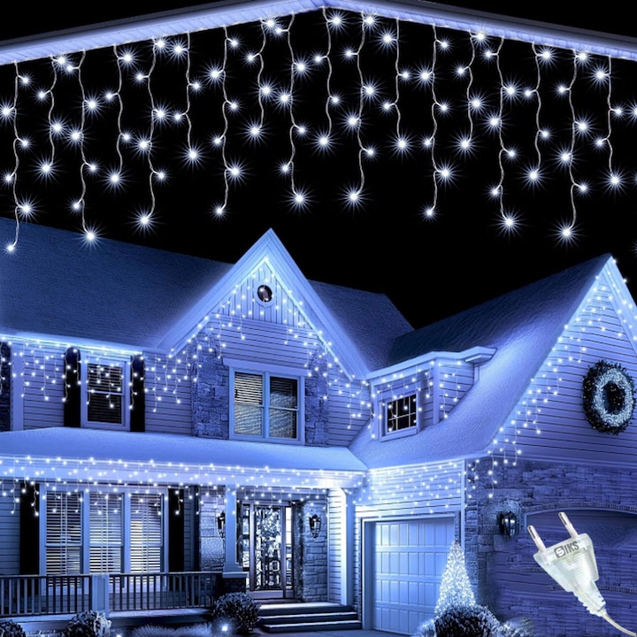 SIKS Jégcsap Karácsonyi Fényfüzér, 5 Méter, 110 LED, Házhoz / Kerthez / Pavilonhoz, 8 Fénymóddal, Folyó Rojtokkal, Fedett Kültéri/Beltéri, Átlátszó Kábel, Összekapcsolható, Hideg Fehér
