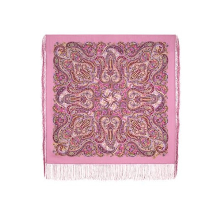 Esarfa de lana cu franjuri de matase - de - stil rusesc, tip "platki", ideal pentru a purta peste camasa sau ca esarfa eleganta, Pavlovskiy Posad, Pavloposad, Roz bombon/Roz deschis/Roz pastel/Roz prafuit deschis/Roz champagne/Roz glitter/Roz flamingo, 89 x 89 cm