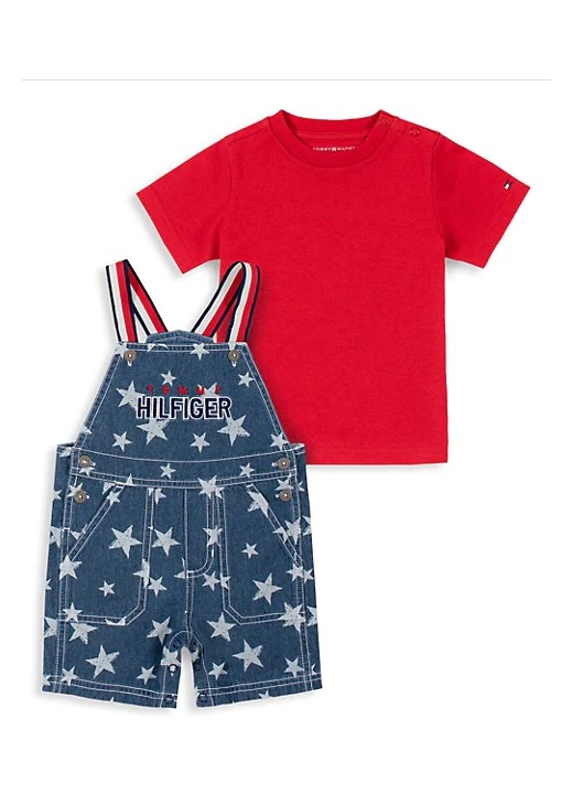 Поло тениска с гащеризон, Tommy Hilfiger, Дъстин, червен, 24 месеца, Комплект от 2 части