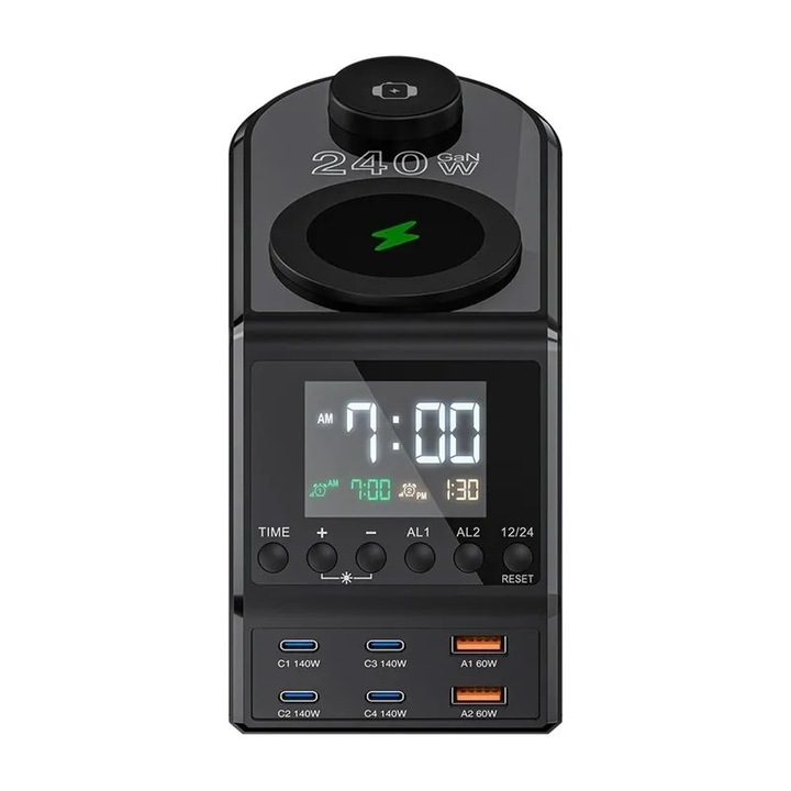 BlitzWolf BW-FW10 töltőállomás, 2xUSB-A, 4xUSB-C, 240W, fekete, méret 125x90x72mm