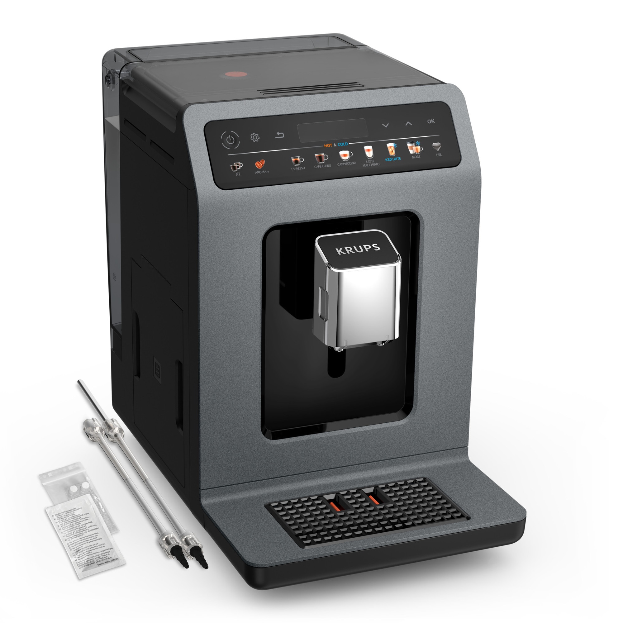 Espressor automat Krups Evidence Hot & Cold EA898GF0, 1450W, 15 bari, rezervor 2.3L, ecran tactil LED, 18 retete calde & reci, rasnite 5 trepte, 3 trepte temperatura, tehnologie de