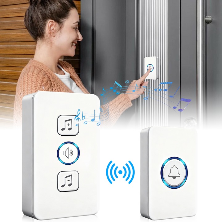 Безжичен звънец, Ultrixe, с 1 приемник, 61 мелодии, светлинна сигнализация, регулируем звук, обхват 180 м, комплект за стенен монтаж, бял