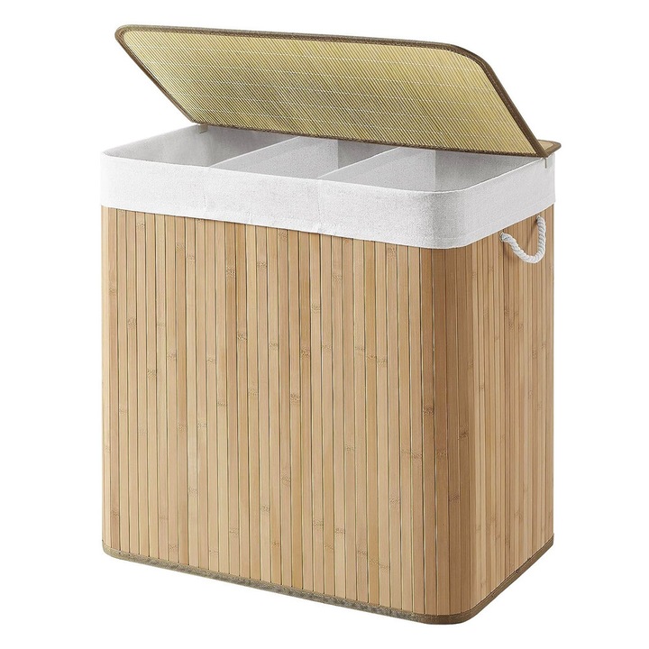 Кош за пране от бамбук 150л, 3 отделения, подвижна подплата, за мръсни дрехи, сгъваем, 60 х 40 х 60 см, натурален
