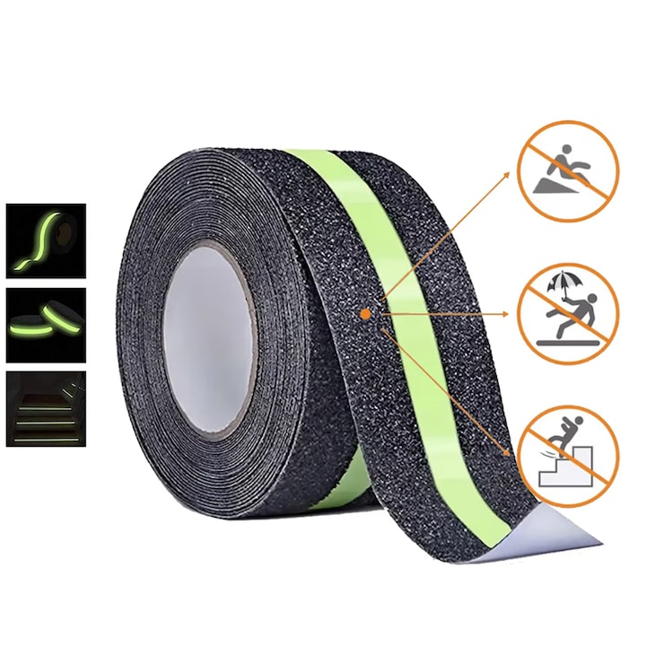 Banda antiderapanta fosforescenta verde, ZOUN, 5 cm x 5 m, avertisment de siguranta, pentru scari si trepte interioare si exterioare, impermeabila, rezistenta la uzura, potrivita pentru metal, lemn, gresie, beton, negru