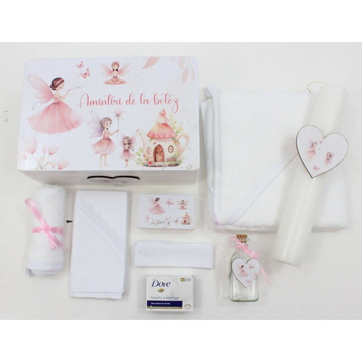 Trusou 9 piese, Amintiri de la botez, cutie de amintiri si lumanare, alb cu roz