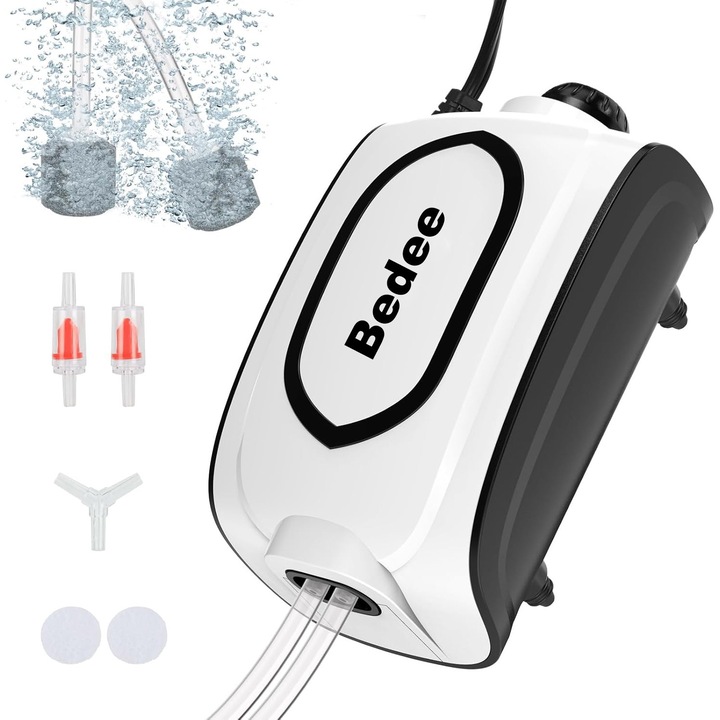 Pompa de aer pentru acvariu, Bedee®, Motor pneumatic de inalta frecventa cu conexiune Y-split, 2 x 210 l/h, putere 5 W, presiune 40 kPa, 40dB, potrivit pentru acvarii cu o adancime de pana la 600 l, Alimentare stabila, 12.7*7.62*5.59cm, Alb