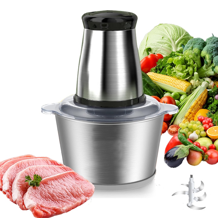 Електрическа месомелачка IDAMAKON с 3л купа от неръждаема стомана, 2 скорости, 500W, 5 остриета, без BPA, идеална за месо, зеленчуци и плодове, безшумен мотор със защита, сребристо-черна