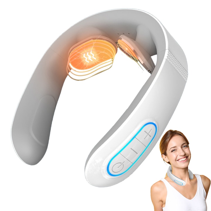Aparat de Masaj Cervical Profesional IDAMAKON Aparat Inteligent De Masaj Cervical Cu Impulsuri Electromagnetice 10 Moduri si 15 Niveluri de Intensitate Incalzire Pentru Ameliorarea Durerilor de Gat si Umeri Design U-Shape Portabil Alb