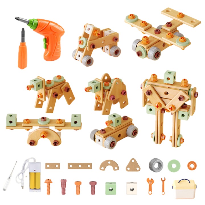 Set de jucarii educative pentru copii, Fantasy, 158 piese, Cutie de scule de reparatii simulate, Include cutie de depozitare + burghiu din plastic + surubelnita, Reincarcabil prin USB, Poate fi asamblat in diverse forme, cum ar fi masini, roboti