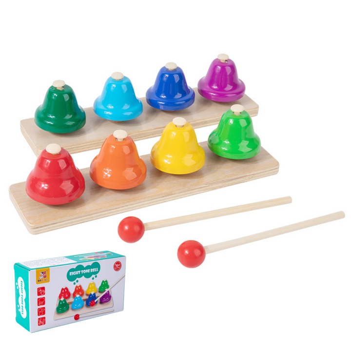Set clopotei muzicali, Fantasy, instrumente muzicale de jucarie, Instrumente de percutie Orff, Clopotel cu opt tonuri, 8 tonuri, multicolor, Din lemn, 22x6x6cm, Colorat