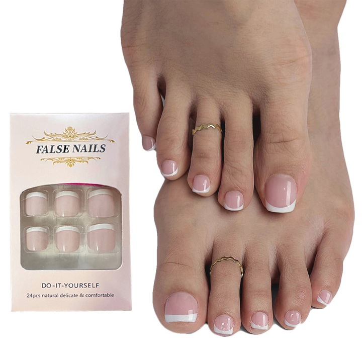 Set 24 unghii false adezive tip press-on pentru degetele de la picioare, Model French Glossy Roz Nude, cu gel adeziv tip jeleu si pila de unghii incluse, FABOKA®