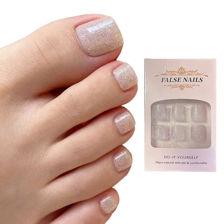 Set 24 unghii false adezive tip press-on pentru degetele de la picioare, Model Argintiu Glitter, cu gel adeziv tip jeleu si pila de unghii incluse, FABOKA®