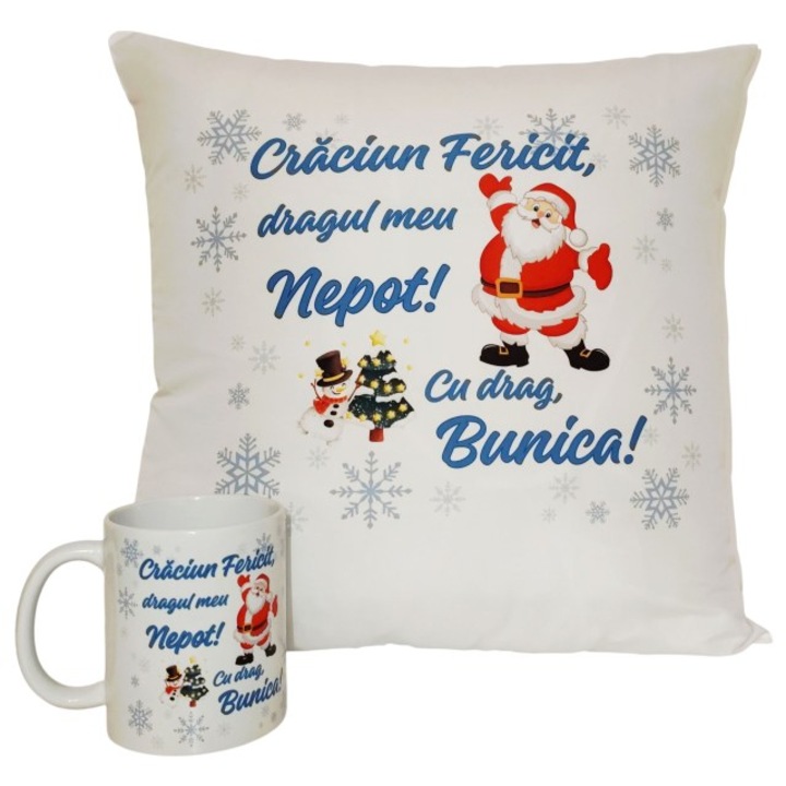Set Cadou Personalizat - Perna si Cana ''Craciun Fericit, dragul meu Nepot! Cu drag, Bunica! perna 40x40 cm, cana 330 ml