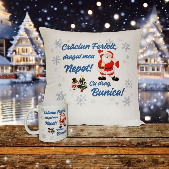 Set Cadou Personalizat - Perna si Cana ''Craciun Fericit, dragul meu Nepot! Cu drag, Bunica! perna 40x40 cm, cana 330 ml
