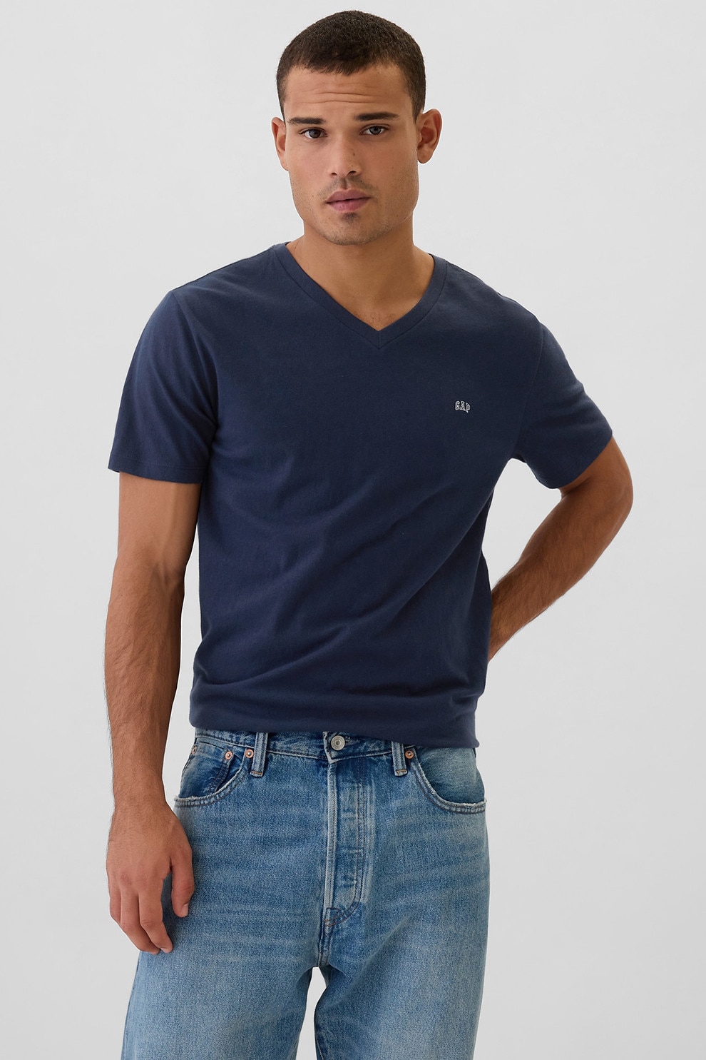 GAP, Tricou de bumbac cu decolteu in V, Bleumarin, M
