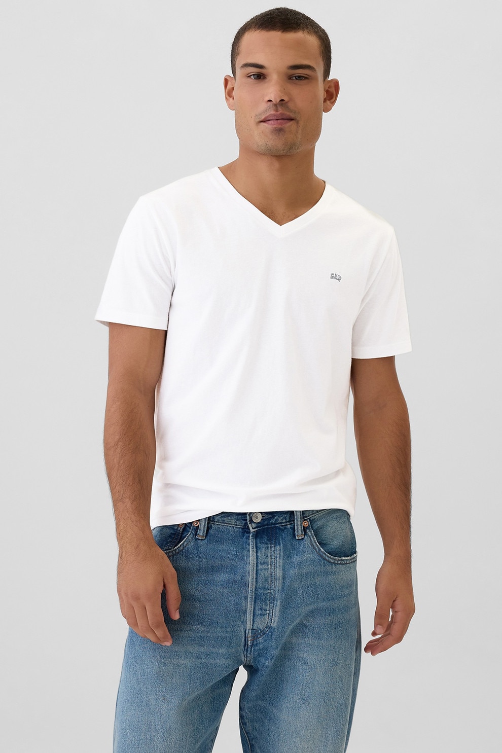 GAP, Tricou de bumbac cu decolteu in V, Alb optic, M