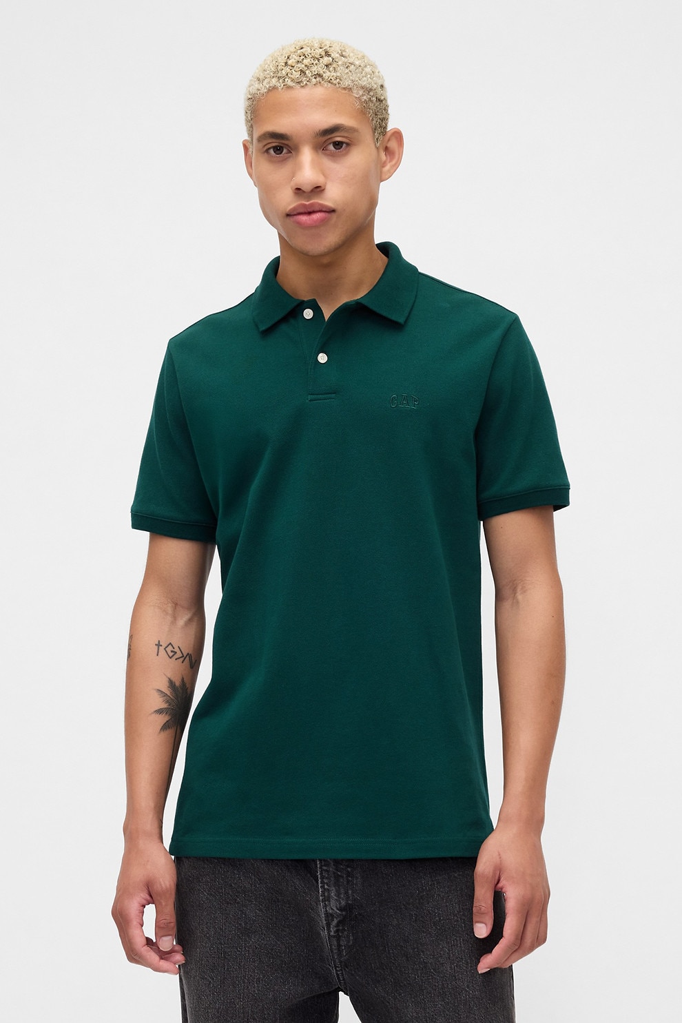 GAP, Tricou polo cu croiala relaxed-fit si logo discret, Verde padure, M