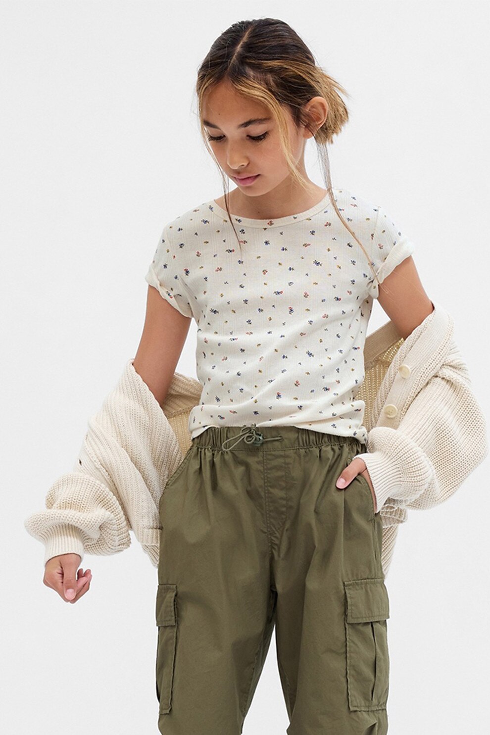 GAP, Tricou cu model floral si decolteu la baza gatului, Alb murdar, 140 CM