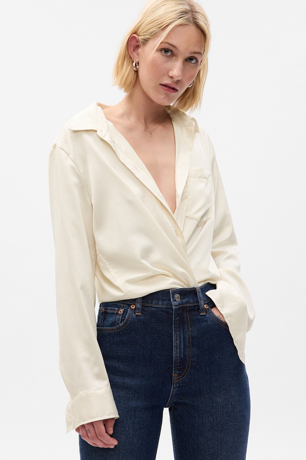 GAP, Camasa de satin cu buzunar, Galben pal, XS