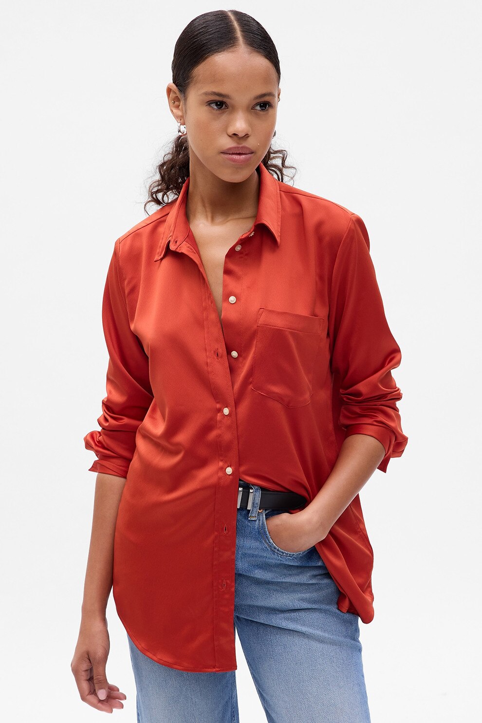 GAP, Camasa de satin cu buzunar, Portocaliu stins, L