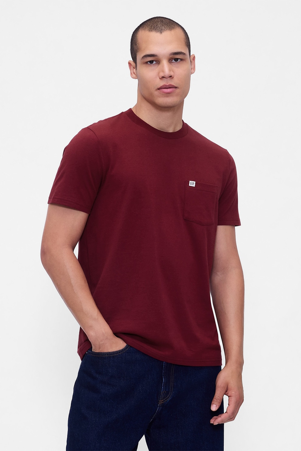 GAP, Tricou de bumbac organic cu buzunar pe piept, Rosu inchis, M