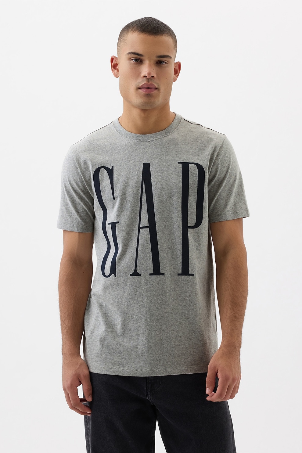 GAP, Tricou cu logo supradimensionat si decolteu la baza gatului, Negru, Gri deschis melange, L