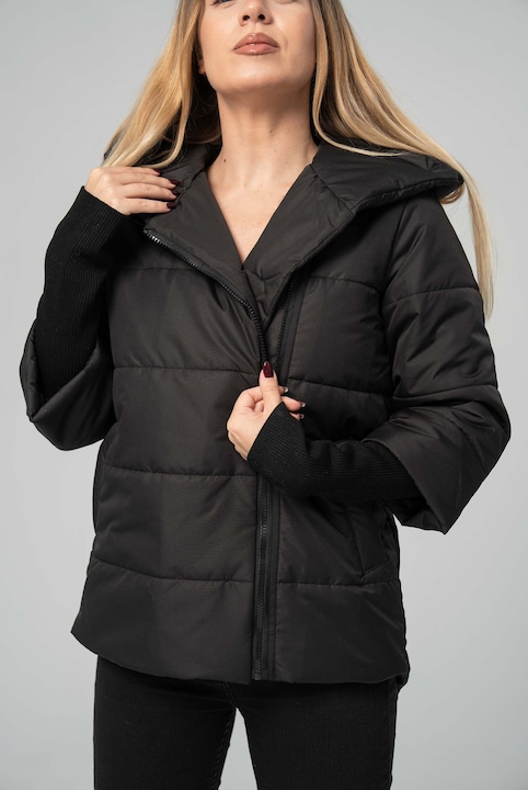 Geaca de dama, AURA, matlasata, cu gluga, maneci 3/4 si mansete lungi, Negru