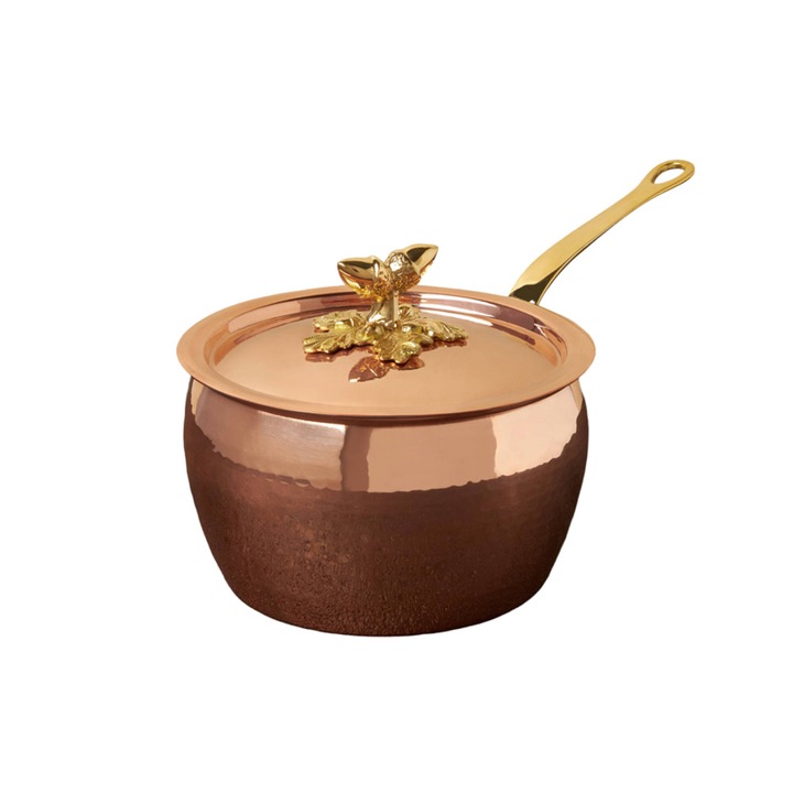 Oala premium cu capac Ruffoni, Ø 16 cm, cupru, colectia Historia, manere din bronz sculptate manual, agatatoare integrata, compatibila cu plitele pe gaz si electrice, rezista pana la 220°C