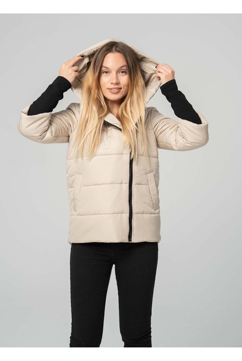 Geaca de dama, AURA, matlasata, cu gluga, maneci 3/4 si mansete lungi, Bej deschis