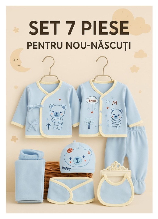 Set de 7 hainute pentru nou-nascuti cu ursulet, din Bumbac 100%, 0-3 luni, albastru/galben
