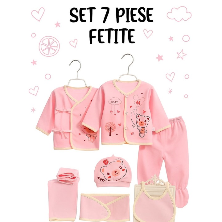Set de 7 hainute pentru nou-nascuti cu ursulet, din Bumbac 100%, 0-3 luni, roz/galben