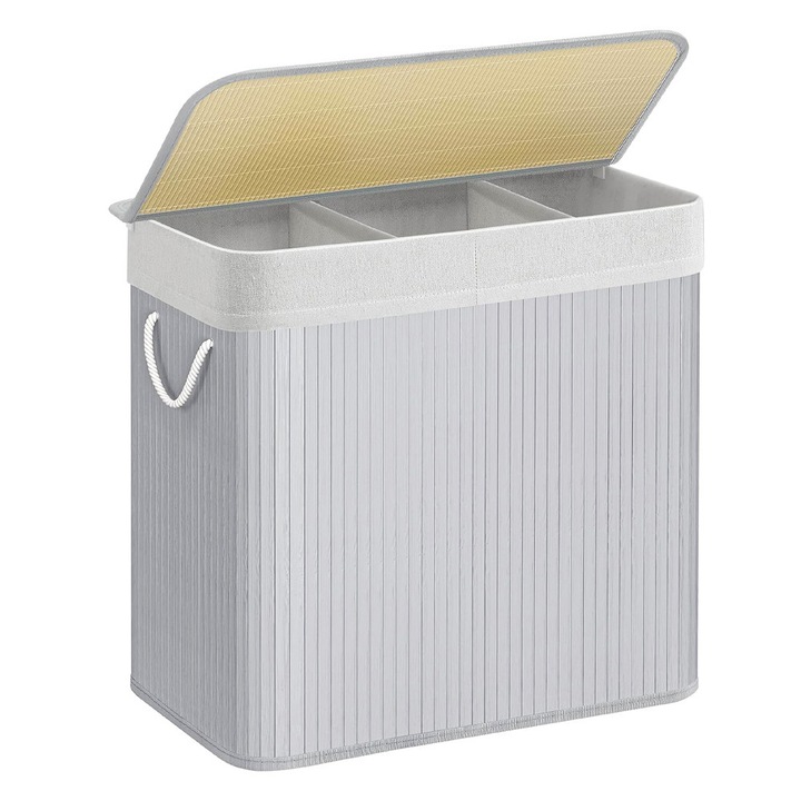 Кош за пране от бамбук 150L, 3 отделения, подвижна подплата, за мръсни дрехи, сгъваем, 60 x 40 x 60 см, сив
