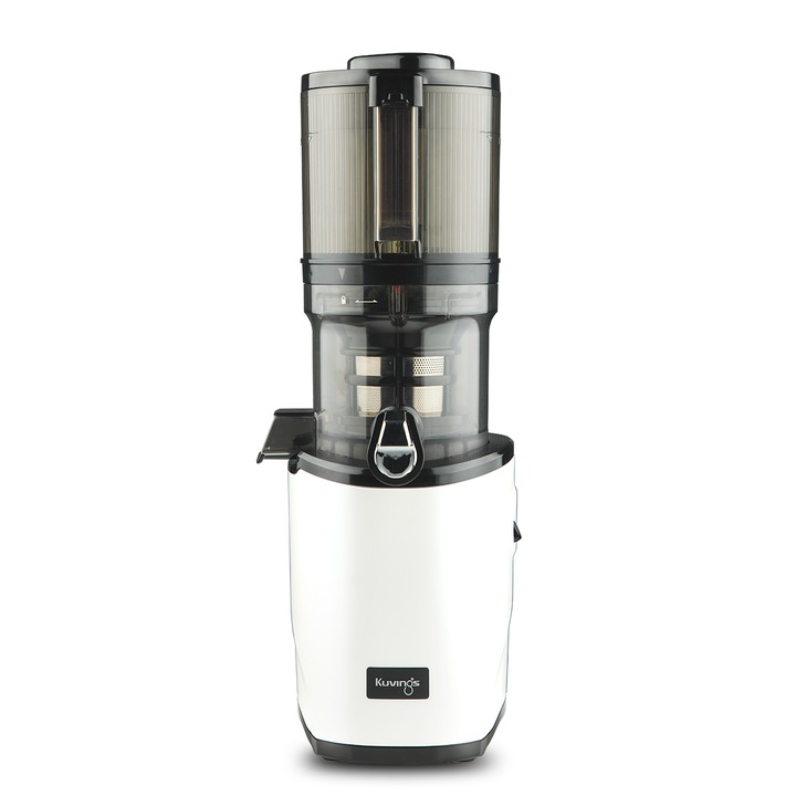 Storcator lent tip "mâini libere" - Kuvings AUTO8 HANDS-FREE SLOW JUICER, KHS850S, recipient 2000ml, deschidere 139mm, demontare automata, functie reverse, accesoriu pentru sorbet si inghetata, fabricat in Coreea, Alb mat