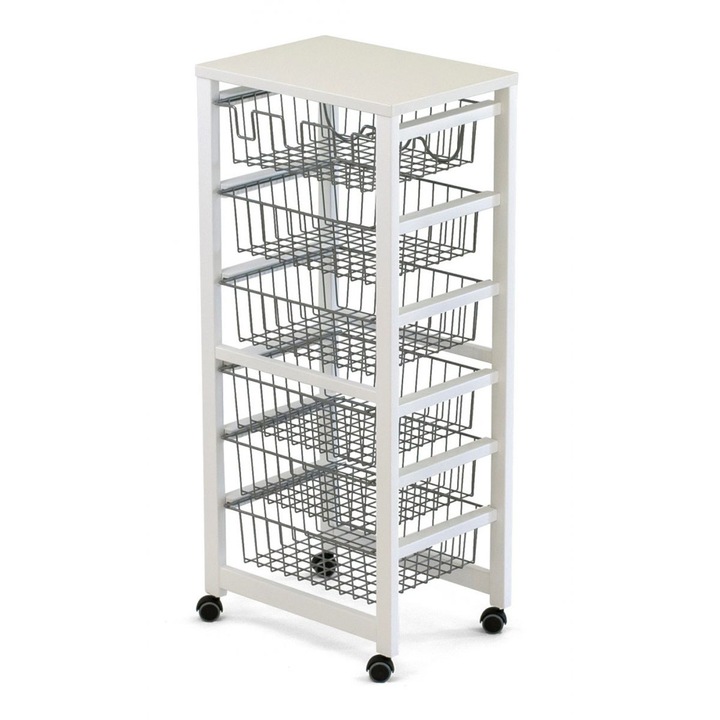 Raft mobil pentru depozitare Arredamenti Italia, Gustavo, 102x46 cm, 6 cosuri glisante, suport de sticle, roti antiderapante, structura din lemn de fag, depozitare eficienta, design practic si elegant, alb