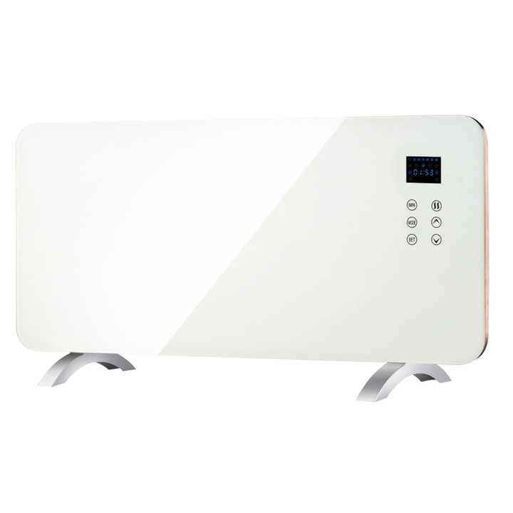 Convector WI-FI electric din sticla, 500-1000W, pentru aprox. 15mp, programabil din aplicatie sau din butoane, temporizator 24ore, protectie supraincalzire, IP24. montaj pe perete sau pe role, ALB