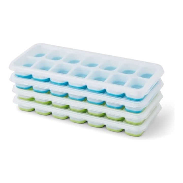 Set 4 forme cuburi de gheata din silicon, Beijiyi, flexibile, cu capace anti-varsare, multicolor