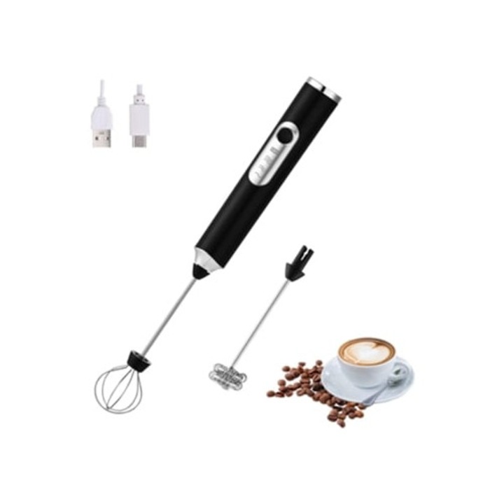 Frother electric portabil cu doua capete, USB reincarcabil, 3 viteze, pentru latte si ciocolata calda, negru