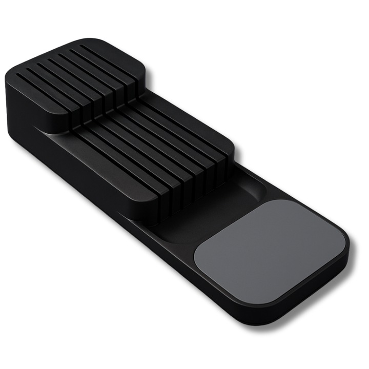 Macvi® fiókos késtartó, kompakt rendező, biztonságos tárolás, tartós anyag, ergonomikus kialakítás, fokozott stabilitás, helytakarékos, fekete