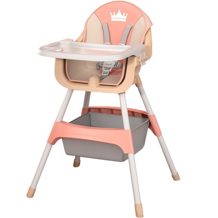 Scaun de masa Macvi® pentru bebelusi si copii 3 in 1, inaltime reglabila, tava detasabila, spatiu de depozitare, centura siguranta 5 puncte, roz