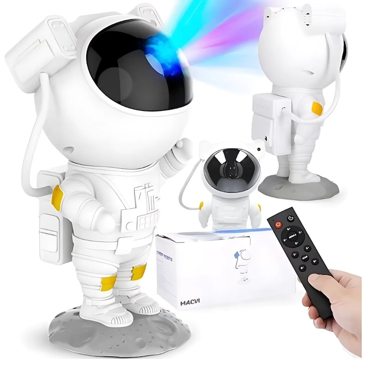 Lampa de veghe copii Macvi® astronaut alb proiector stele galaxie 8 moduri rotire 360° telecomanda, functie cronometru, luminozitate reglabila
