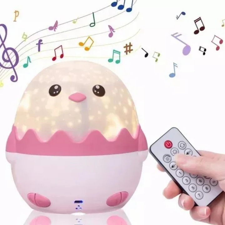 Lampa de veghe Macvi® Pinguin pentru copii, proiectii cu 13 sabloane, efecte sonore, lumini multicolore, telecomanda si incarcare USB, roz