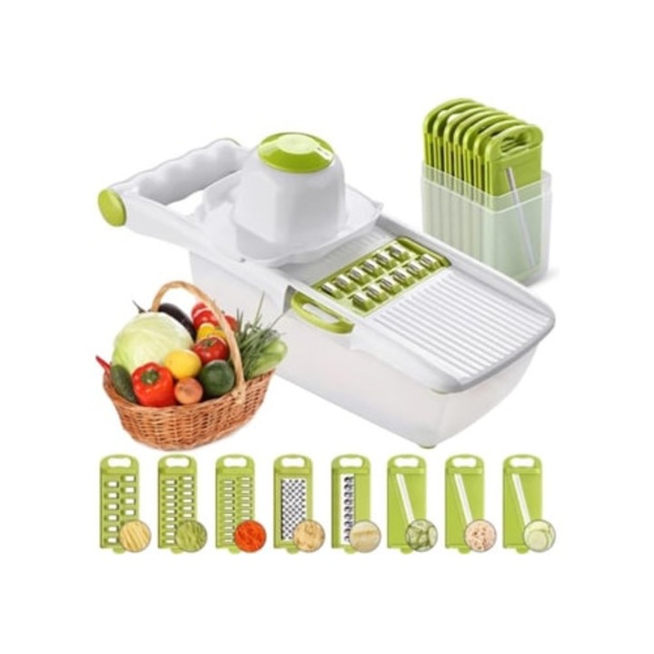 Feliator manual universal, multi-functional, din otel inoxidabil, cu recipient pentru alimente, Beguii