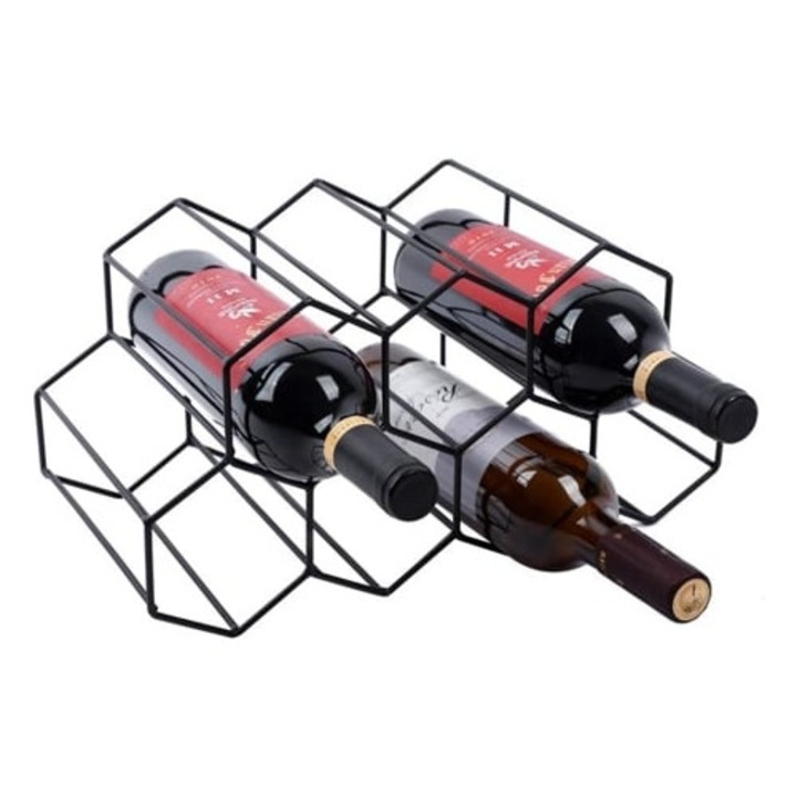 Bortartó, 9 palackos, modern fém, fekete, pultra, készlet