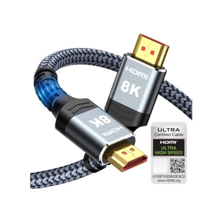 Cablu HDMI 2m, 10K 8K HDMI 2.1, Ultra HD 8K 60Hz, 4K 120Hz, EARC, HDR10, Dolby 3D