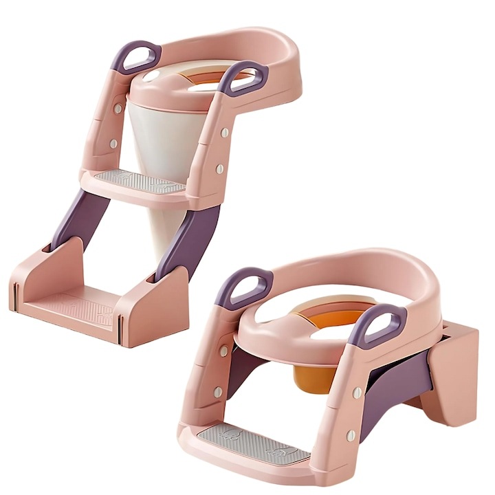 Редуктор за тоалетна за деца Macvi® CozyMood 3 в 1, с гърне и столче, мека перяща се възглавница, регулируеми стъпала, противоплъзгащ, сгъваем, без BPA, розово-лилав