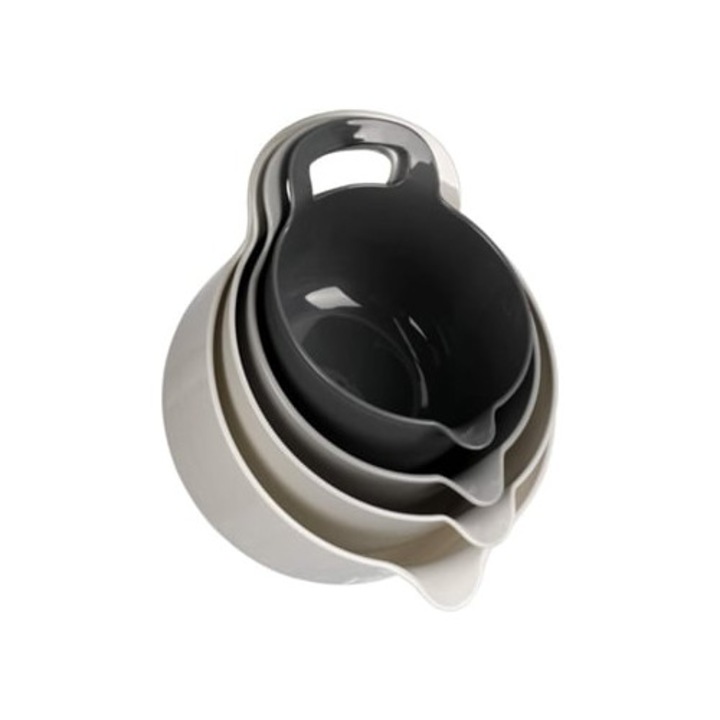 Boluri de amestec Beijiyi cu cioc si manere, set de 4, gri, sigure pentru masina de spalat vase si cuptor cu microunde