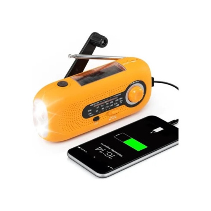Преносимо AM/FM радио с манивела и соларно зареждане, 2000mAh, оранжево
