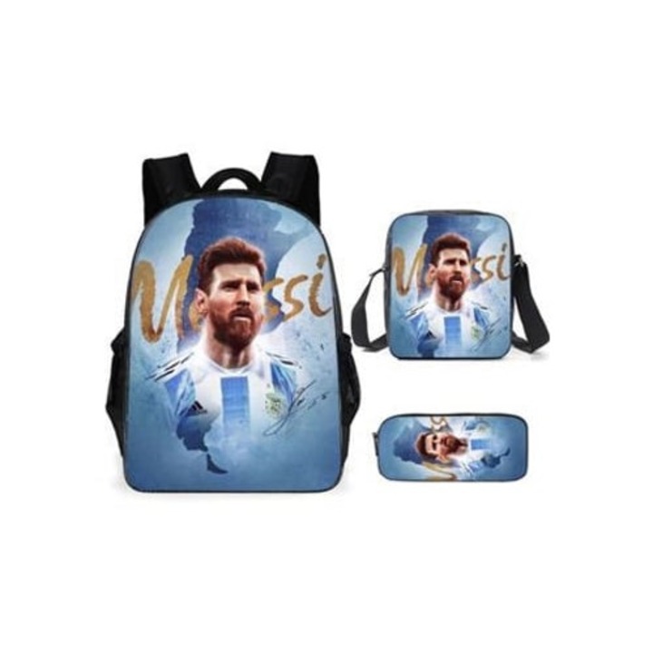 Ghiozdan scolar cu imprimeu Lionel Messi, set de 3 piese, multicolor