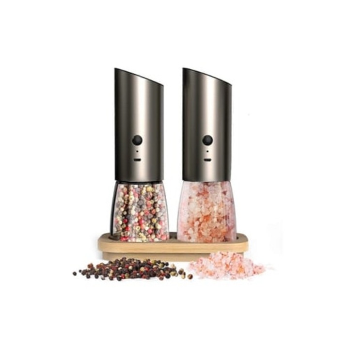 Rasnita electrica pentru sare si piper Aquaforge, cu baza de ajustare a granulatiei, set