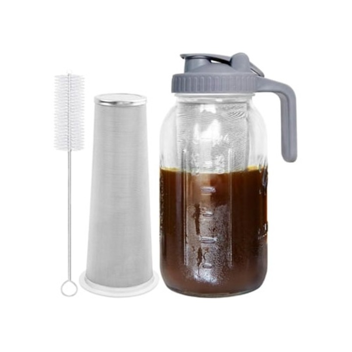 Vastag üveg fedéllel és rozsdamentes acél szűrővel, hideg kávéhoz, limonádéhoz, teához